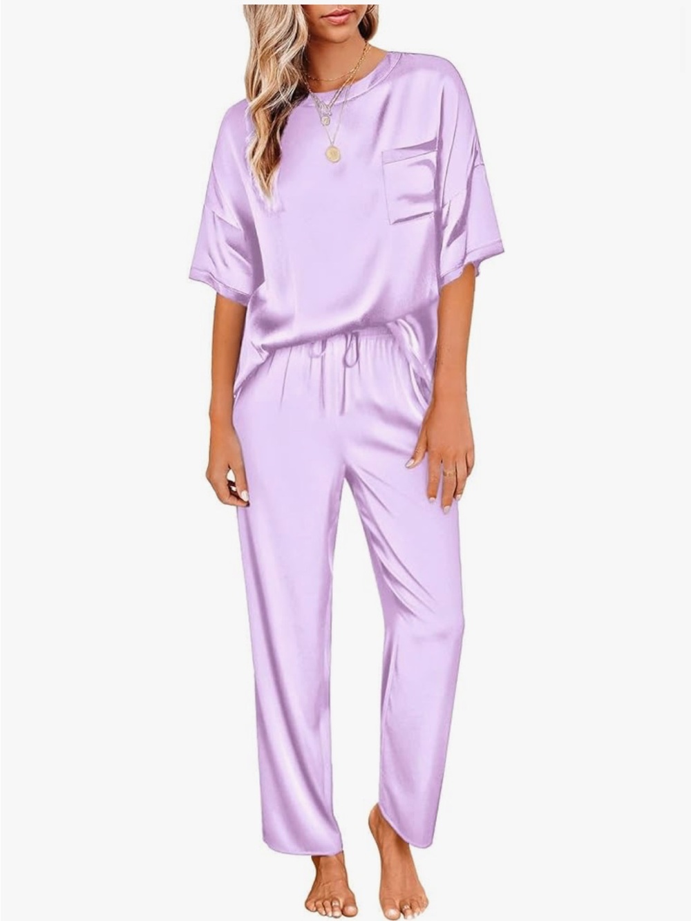 Ekouaer Silky Satin Short Sleeve Pajama Loungewear Set - Lavender Purple